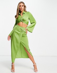 Атласная юбка миди лаймового цвета с узлом спереди и разрезом на бедре (от комплекта) Aria Cove-Зеленый цвет