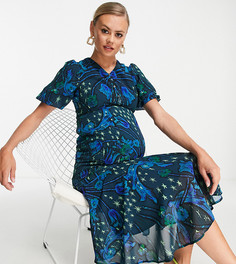 Чайное платье миди кобальтового цвета с пышными рукавами и принтом звезд Hope & Ivy Maternity-Голубой