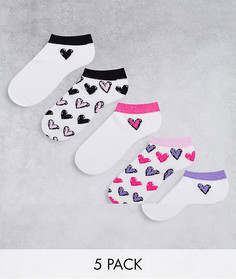 Набор из 5 пар белых спортивных носков с разноцветными сердечками и полосками Threadbare-Белый