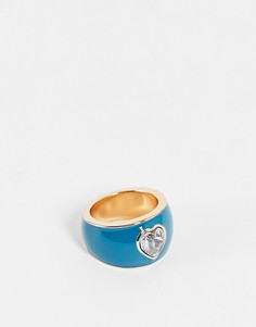 Золотистое кольцо с покрытием голубой эмалью и вставкой из страза в виде сердца ASOS DESIGN-Зеленый цвет