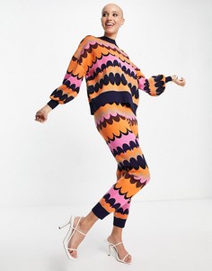 Трикотажные джоггеры с контрастными манжетами и волнистым принтом в стиле ретро от комплекта Never Fully Dressed-Разноцветный