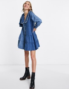 Джинсовое свободное платье мини с комбинированным дизайном Neon Rose-Голубой