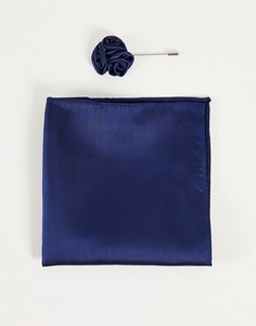 Свадебная булавка с цветком на лацкан и платок для пиджака синего цвета Gianni Feraud-Темно-синий