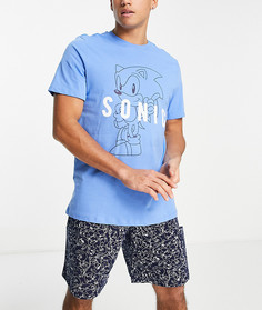 Пижама синего цвета с футболкой с принтом Соника и шортами с принтом по всей поверхности-Голубой Poetic Brands