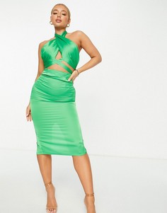 Зеленое атласное платье миди с перекрещенной горловиной NaaNaa-Зеленый цвет