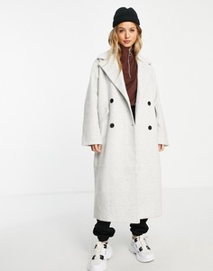 Светлое длинное oversized-пальто в клетку Monki-Серый