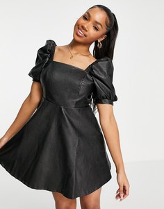 Черное платье-трапеция мини из искусственной кожи с объемными рукавами In The Style x Perrie Sian-Черный цвет