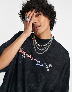 Черная выбеленная футболка в стиле oversized с разными принтами и логотипом от комплекта ASOS Daysocial-Черный цвет