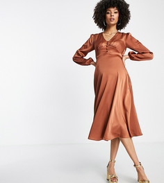 Атласное платье миди на пуговицах цвета корицы Flounce London Maternity-Оранжевый цвет