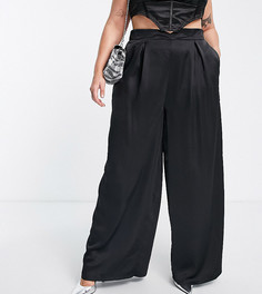 Черные атласные брюки со складками и широкими штанинами Flounce London Plus-Черный