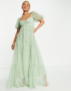 Шалфейно-зеленое платье из тюля с объемными рукавами Lace & Beads Bridesmaid Charlotte-Зеленый цвет