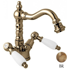 Смеситель для биде с донным клапаном бронза, ручки белые Cezares First FIRST-BS2-02-Bi