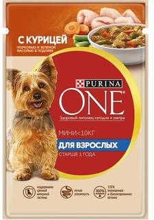 Влажный корм Purina ONE Mini для собак мелких пород, с курицей, морковью и зеленой фасолью в подливе, 85гр