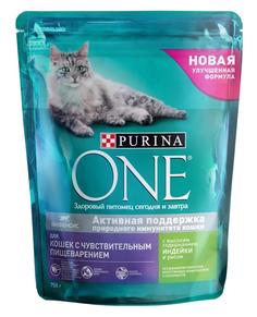 Сухой корм Purina ONE для кошек с чувствительным пищеварением, с индейкой и рисом, 750гр