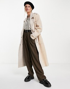Бежевое пальто в стиле oversized с плюшевыми вставками Object-Серый