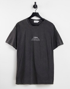 Выбеленная черная футболка с надписью "Lisbon" Topman-Черный