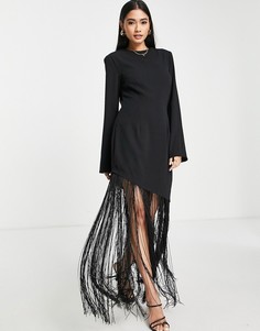 Черное платье макси асимметричного кроя с бахромой Pretty Lavish-Черный
