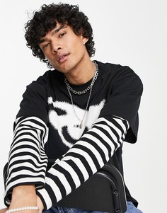 Двухслойная oversized-футболка черного цвета с принтом глаза и рукавами в полоску Jaded London-Черный