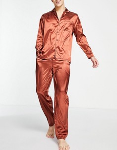 Коричневый атласный пижамный комплект для дома из рубашки и брюк ASOS DESIGN-Коричневый цвет