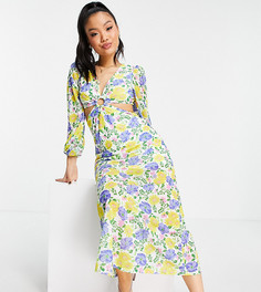 Платье макси с длинными рукавами, декоративным кольцом и цветочным принтом ASOS DESIGN Petite-Разноцветный