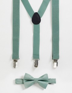 Шалфейно-зеленый комплект из подтяжек и галстука-бабочки ASOS DESIGN-Зеленый цвет