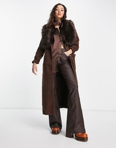 Пальто шоколадного цвета с поясом и отделкой из искусственного меха Object-Коричневый цвет
