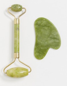 Набор из ролика-массажера и скребка гуаша из минерала Zoe Ayla-Зеленый цвет