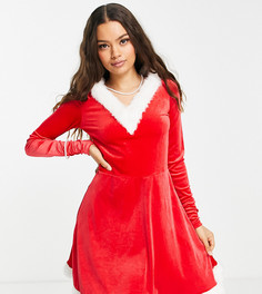 Велюровое новогоднее платье мини с капюшоном и отделкой из искусственного меха в стиле Санта-Клауса Threadbare Petite-Красный