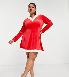 Велюровое новогоднее платье мини в стиле Санты с капюшоном и отделкой из искусственного меха Threadbare Plus-Красный