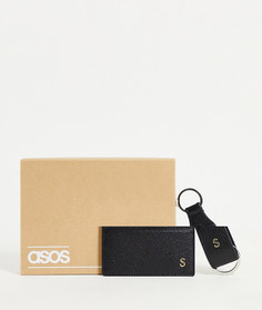 Набор из кожаного кошелька для пластиковых карт и брелока с инициалом "S" ASOS DESIGN-Черный цвет