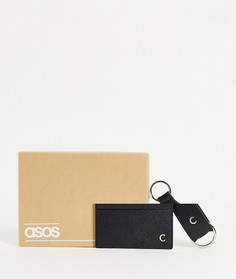 Набор из кожаного кошелька для пластиковых карт и брелока с инициалом "С" ASOS DESIGN-Черный цвет