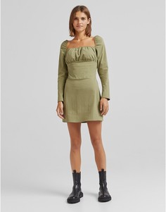 Зеленое платье мини с длинными рукавами и сборками на груди Bershka-Зеленый цвет