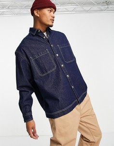 Джинсовая oversized-рубашка свободного кроя с контрастной строчкой цвета индиго ASOS DESIGN-Голубой