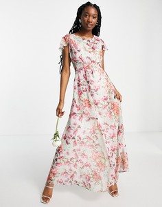 Платье макси с расклешенными рукавами, оборками и цветочным принтом кремового цвета и цвета фуксии Hope & Ivy-Белый