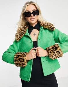 Ярко-зеленое короткое пальто с отделкой искусственным мехом Topshop-Зеленый цвет