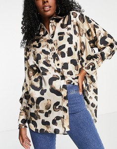 Бежевая атласная рубашка в стиле oversized со звериным принтом Topshop-Светло-бежевый цвет