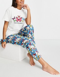 Пижамный комплект из oversized-футболки, брюк и резинки для волос с принтом бабочек Daisy Street-Разноцветный