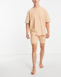 Коричневый однотонный пижамный комплект из oversized-футболки и шортов ASOS DESIGN-Светло-бежевый цвет