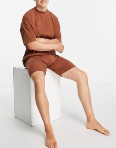 Коричневый однотонный пижамный комплект из oversized-футболки и шортов ASOS DESIGN-Светло-бежевый цвет