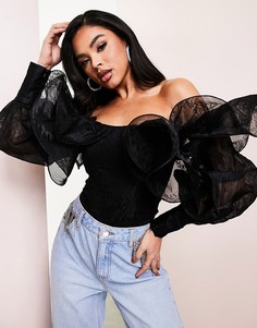 Черное кружевное боди на косточках с открытыми плечами ASOS LUXE-Черный цвет