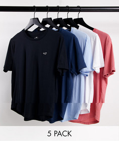 Набор из 5 футболок разных цветов с маленьким логотипом и закругленным нижним краем Hollister-Разноцветный