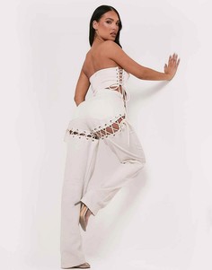 Прямые джинсы кремового цвета со шнуровкой от комплекта Missy Empire x Aaliyah Ceilia-Белый Missyempire