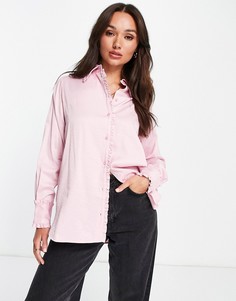Атласная oversized-рубашка розового цвета с воротником с рюшами Selected Femme-Розовый цвет