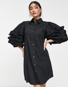 Черное платье-рубашка мини с пышными рукавами и оборками River Island-Черный