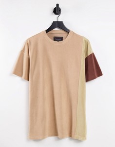 Коричневая футболка из теплого флиса флиса со вставками в тон в стиле oversized (от комплекта) Liquor N Poker-Коричневый цвет