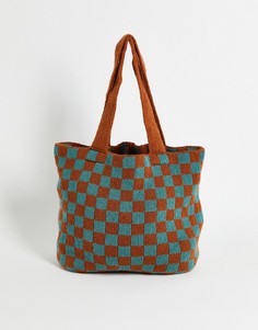 Вязаная сумка-тоут в коричневую и синюю клетку в стиле ретро ASOS DESIGN-Разноцветный