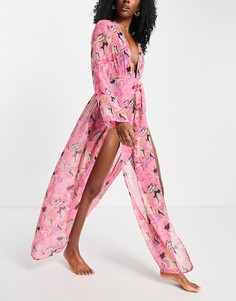 Пляжное кимоно макси с цветочным принтом и завязкой спереди ASOS DESIGN-Разноцветный