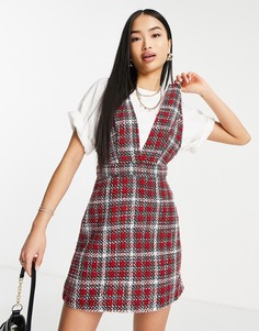 Бордовый сарафан из ткани букле в клетку с V-образным вырезом New Look-Красный