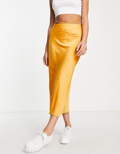 Атласная юбка миди оранжевого цвета с завязками на талии Lola May-Оранжевый цвет