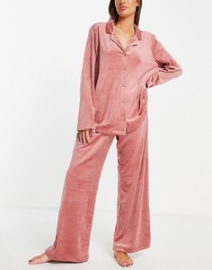 Велюровый пижамный комплект из переработанного полиэстера пыльно-розового цвета с брюками и топом с отложным воротником Lindex Jessica-Розовый цвет